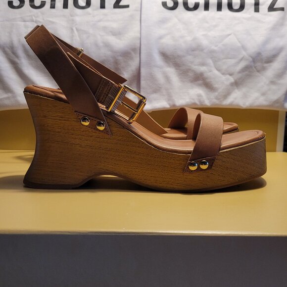 $89 NWT (8.5) SCHUTZ Camel Leather Wedge Sandal - Picture 2 of 12